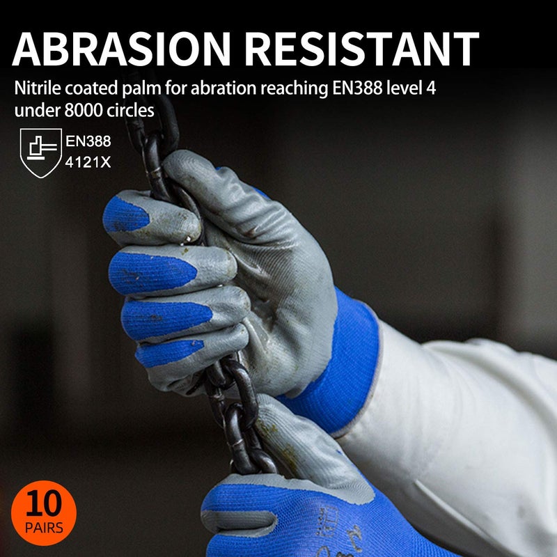 Vgo... 10-Pairs Safety Work Gloves, Gardening Gloves, Non-slip Nitrile coating, Dipping Gloves (Size XL, Blue, NT2110) - Image 3